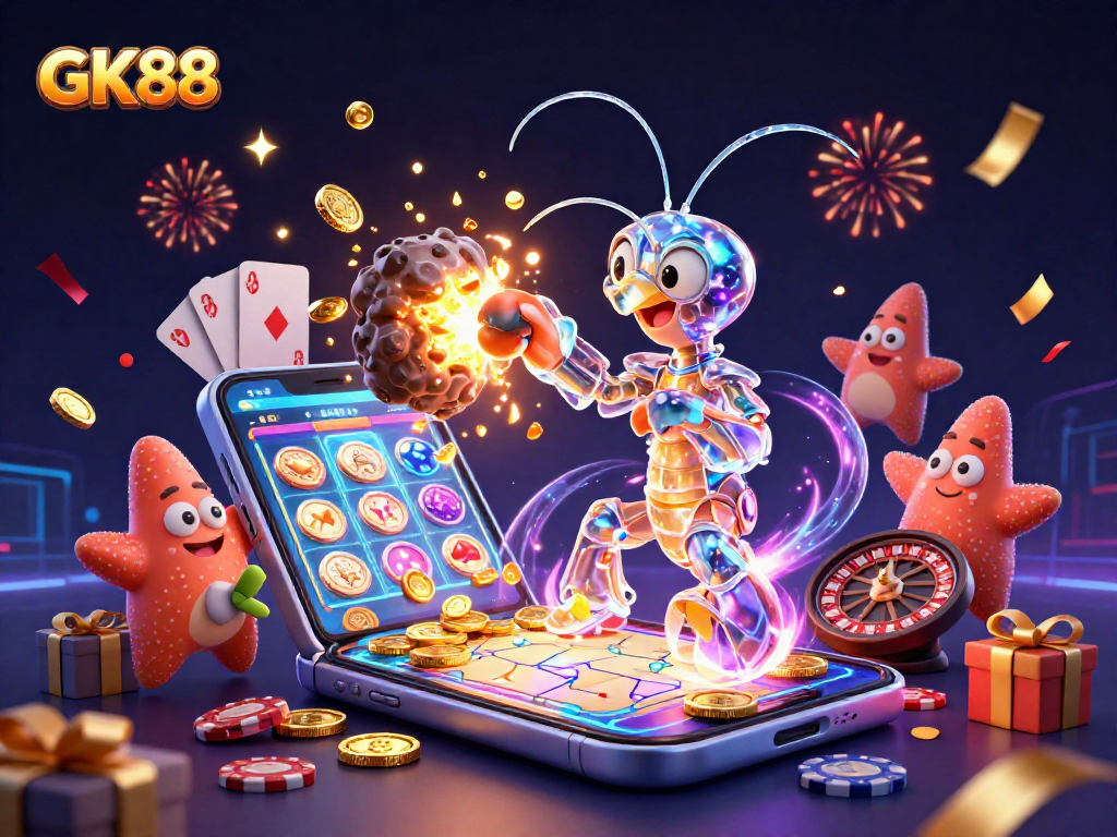 Experience thrilling gameplay with GK88 as golden coins burst forth from a 3D slot game.
