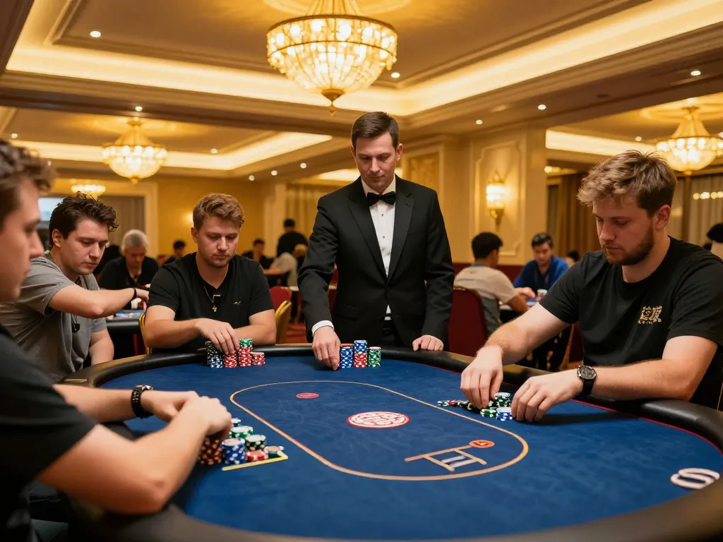 Go8 players compete vigorously at the poker table in a vibrant casino setting.