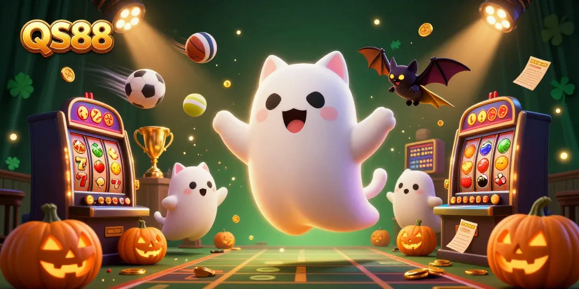 Engage in the thrilling QS88 gaming experience with a vibrant haunted casino scene filled with excitement and whimsical characters.