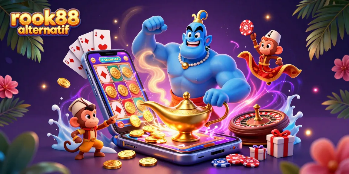 Engage with rokok88 alternatif featuring a blue genie, monkey, magic carpet, and poker chips in vibrant casino-style illustration.