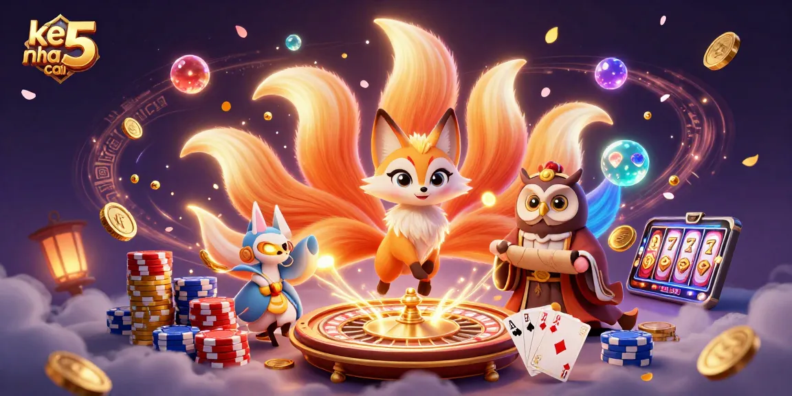 Capture the excitement with keo nha cai 5 as the nine-tailed fox and owl sage illuminate the casino scene.