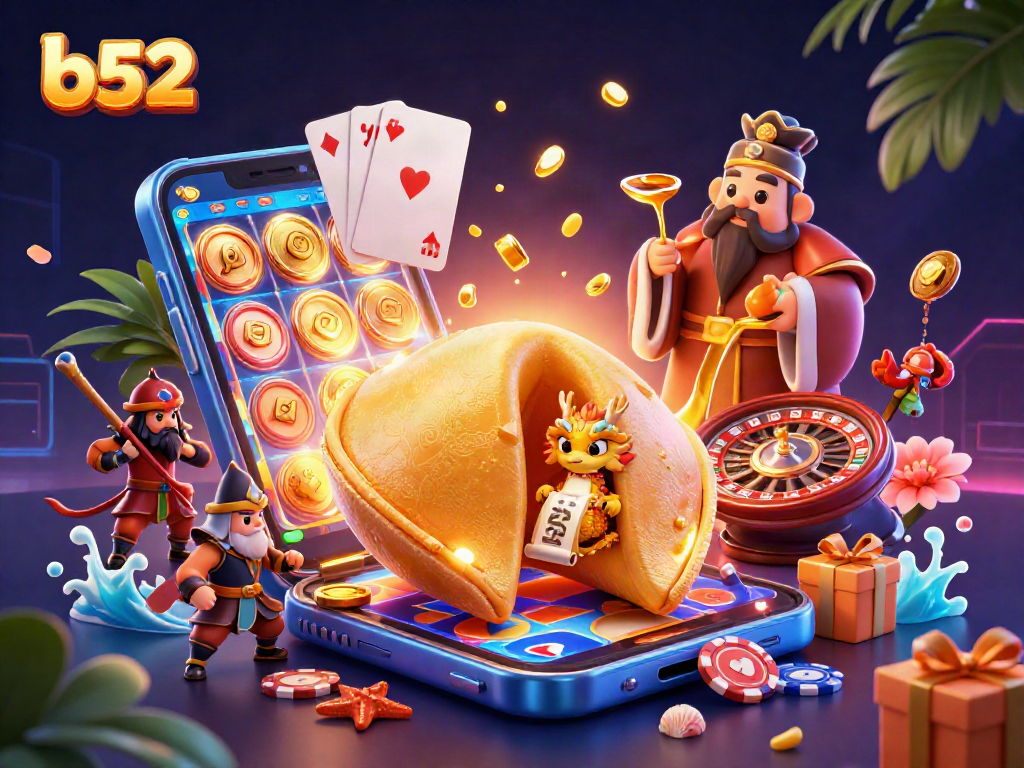 Engage with thrilling b52 casino slots featuring a golden fortune cookie and vibrant gaming elements.