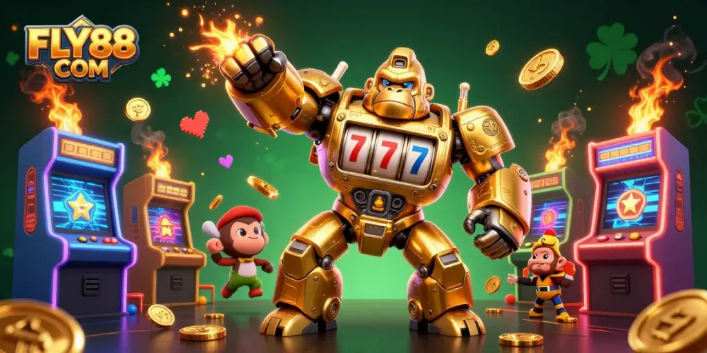 FLY88 COM showcases a fantastic 3D gaming scene with a golden gorilla mech and slot elements, bringing excitement to gambling.