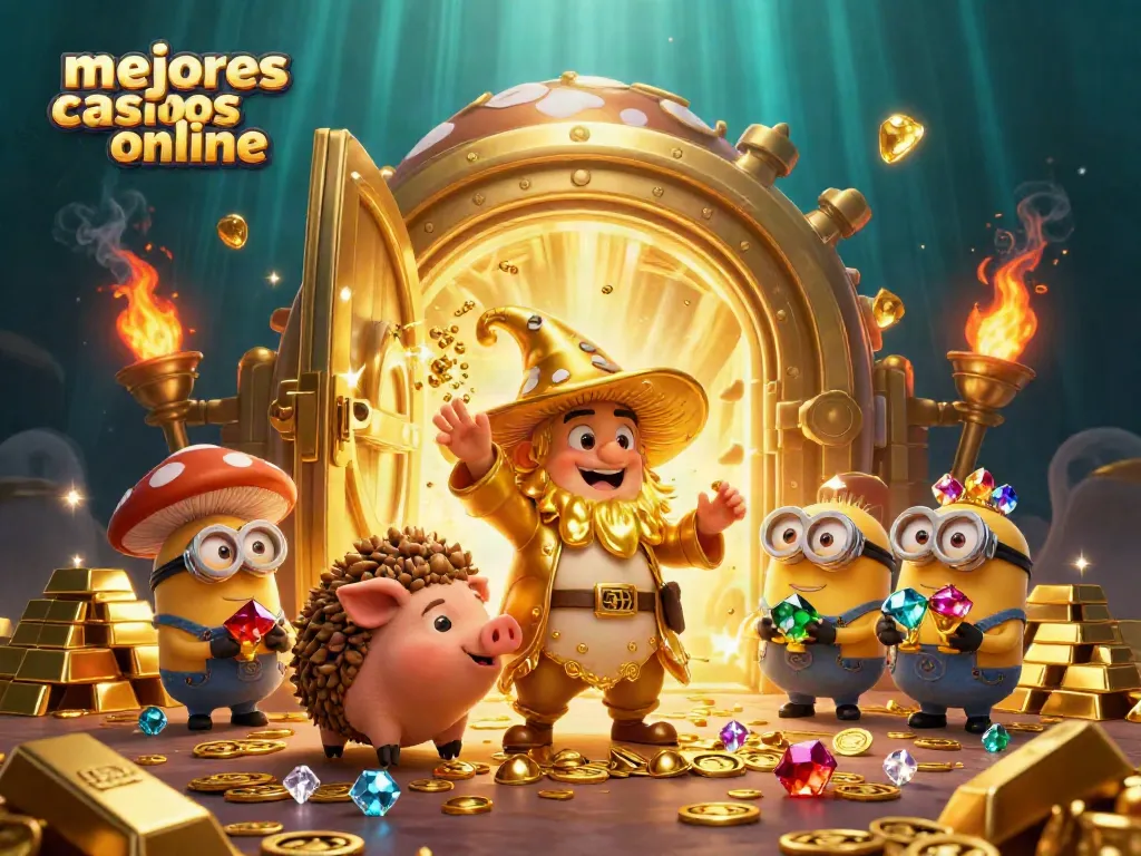 Disfruta de los mejores casinos online con una escena vibrante de un casino mágico lleno de tesoros.
