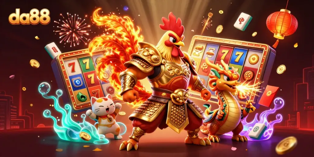 Experience the casino excitement of da88 with a powerful rooster warrior and dragon amidst rich jackpot symbols.