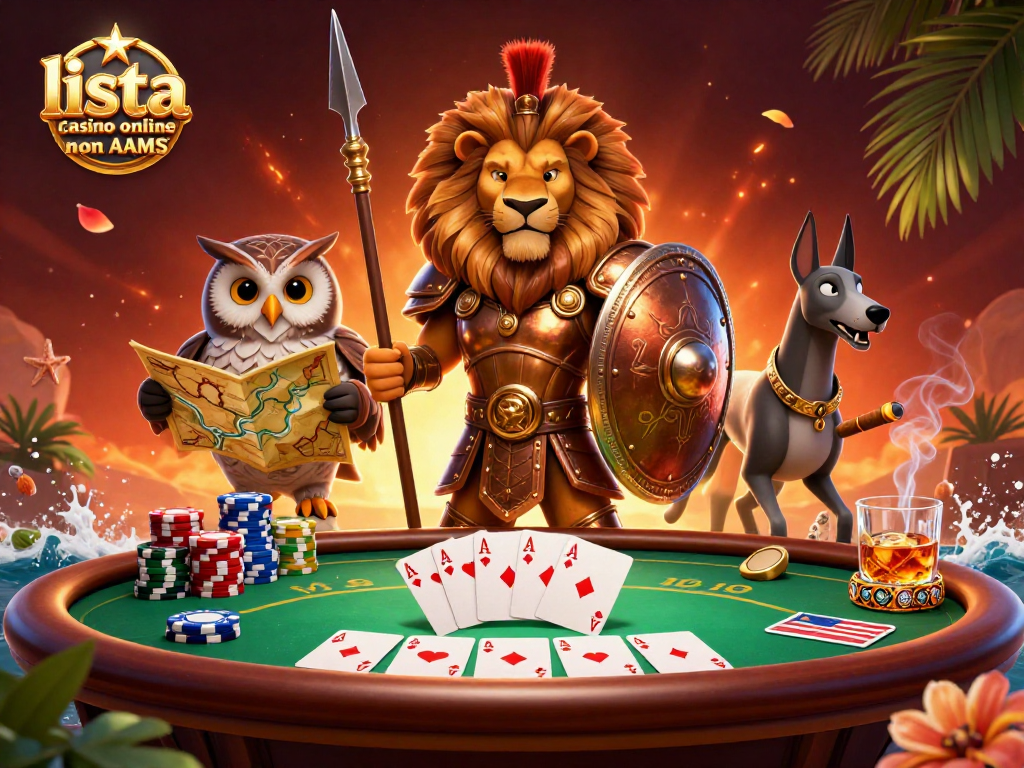 Gioca nella lista casino online non AAMS con un leone spartano e carte da poker in un'illustrazione vivace.