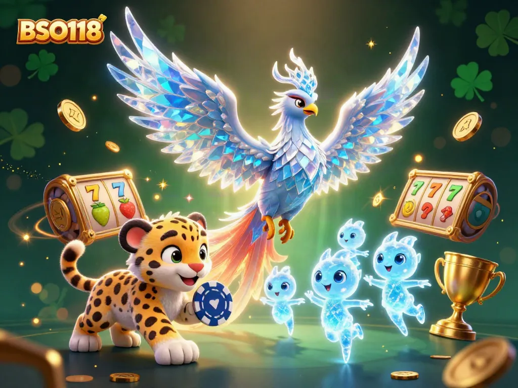 Experience thrilling gameplay at BSO118, where the Ice Phoenix and snow leopard cub celebrate slot wins amidst dynamic game elements.
