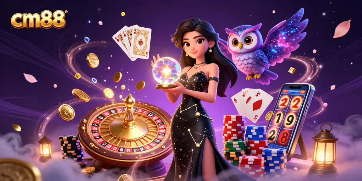 Experience the thrill of cm88 casino with vibrant scenes of spinning roulette, slot machines, and mystical characters.