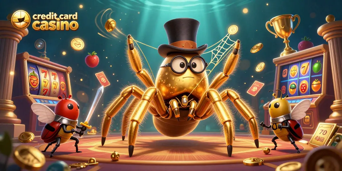 Engage with the vibrant scene of a credit card casino featuring a golden tarantula and a beetle knight.