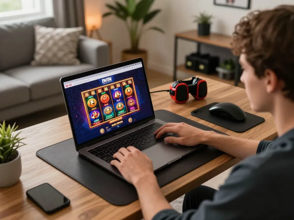 IWIN gamer enjoying online slots and poker from a cozy home desk setup.