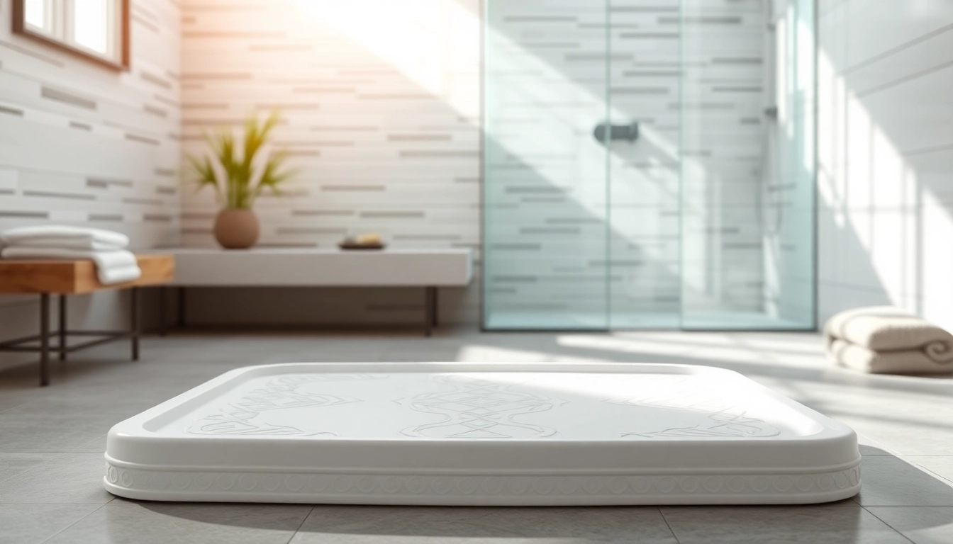 Showcase a stylish shower base in a modern bathroom environment, highlighting its sleek design features.