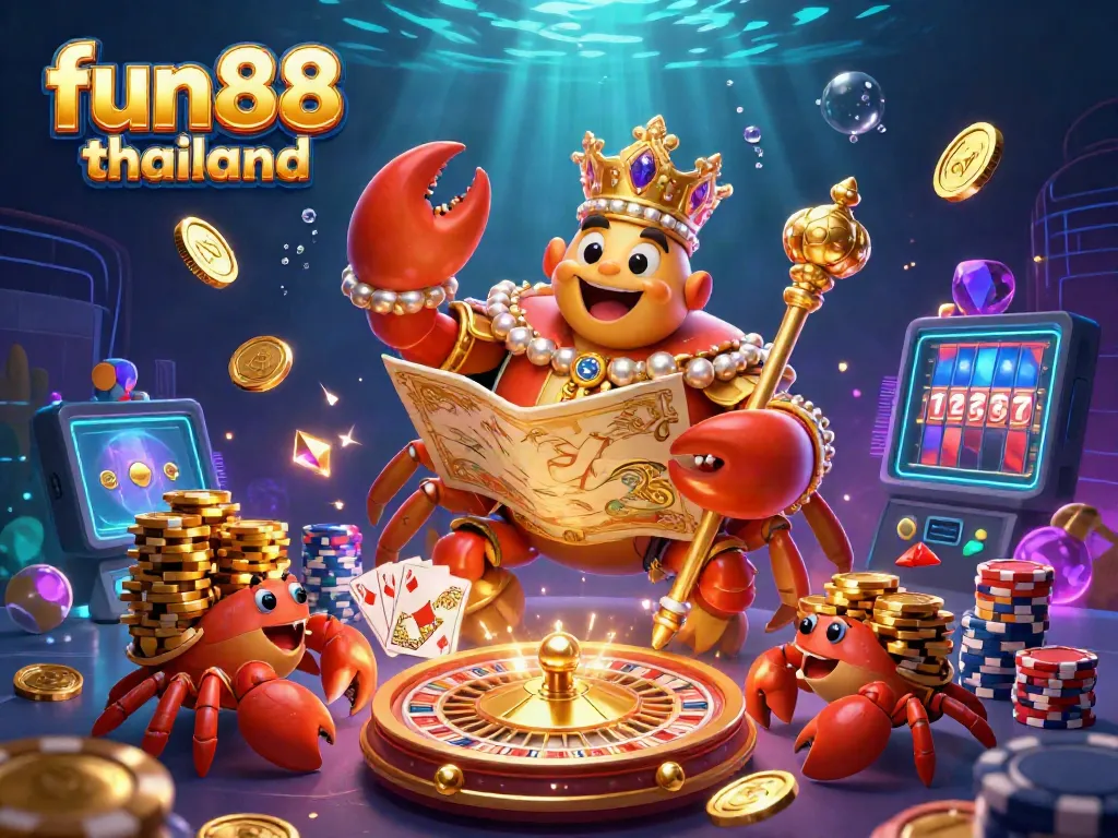Experience excitement at fun88 thailand with a dynamic scene of a golden crab emperor amidst sparkling treasures and game elements.