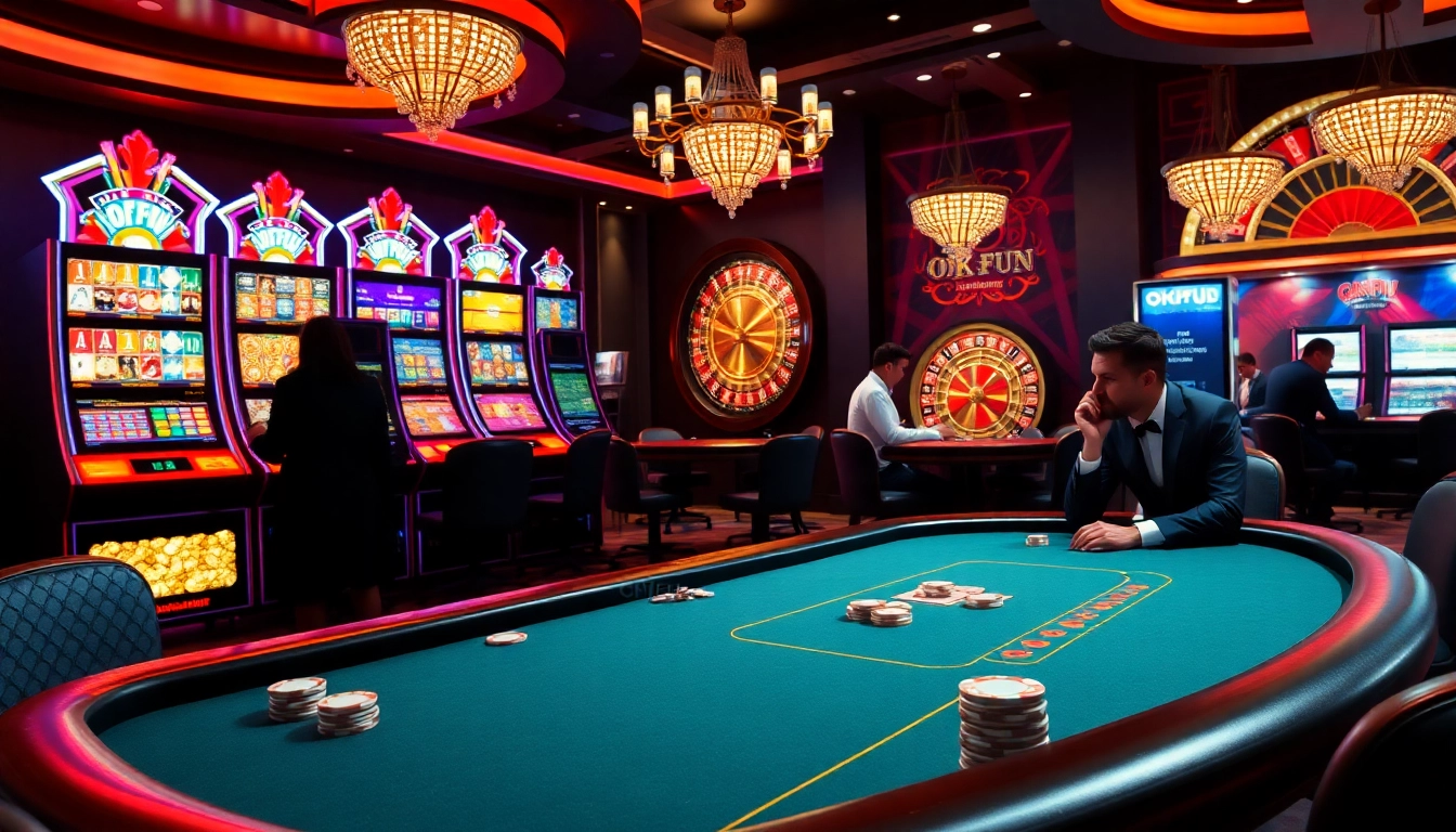 Exciting game strategies at OKFUN casino with elegant poker and vibrant slot machines.