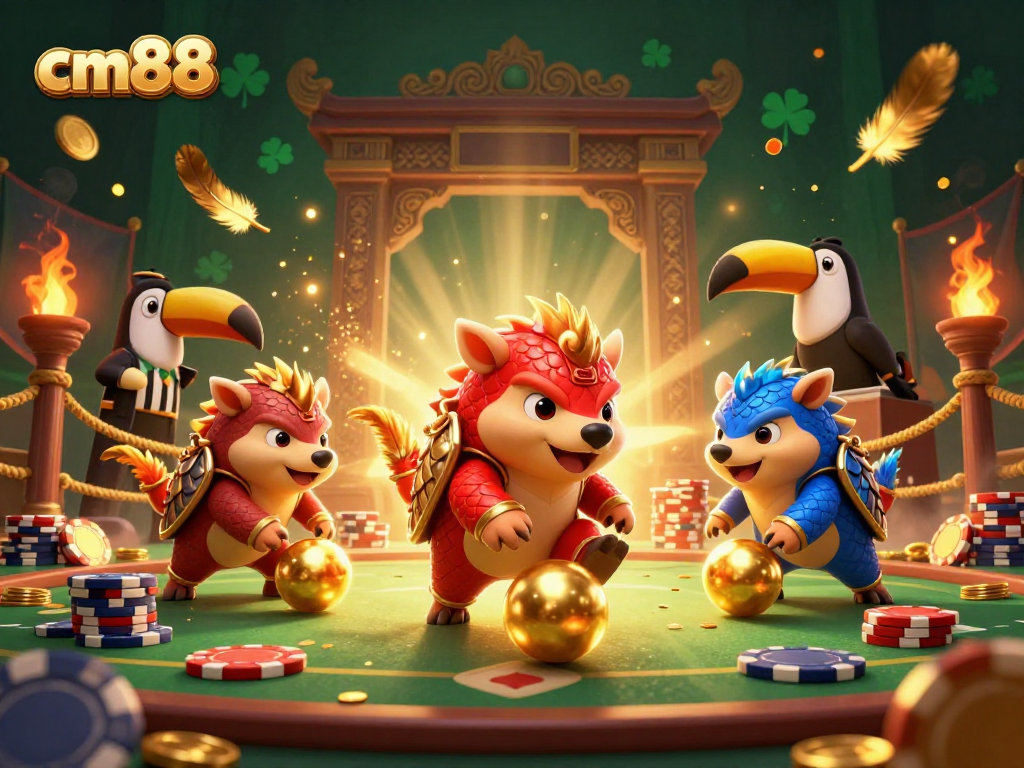 Engage with cm88's thrilling experience as rival pangolins bowl through poker chips in an animated casino scene.