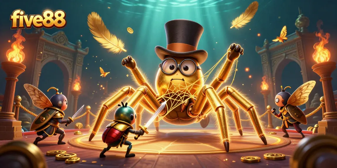Experience gaming excitement with five88 as a golden tarantula weaves its web in a vibrant casino scene.