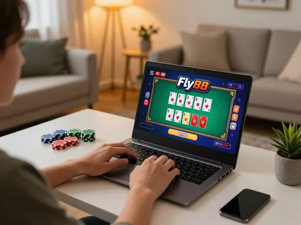 Player engaging in an online Fly88 poker game using a laptop at home, emphasizing gambling strategy.