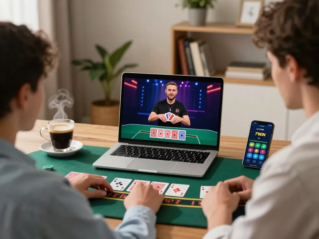 Engaging in live dealer blackjack on the 77WIN app, showcasing excitement and responsible gaming at home.