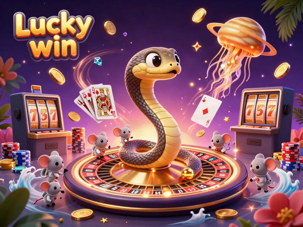 Experience the excitement of Lucky win with a cosmic roulette scene featuring a Saturn snake and betting astronaut mice.