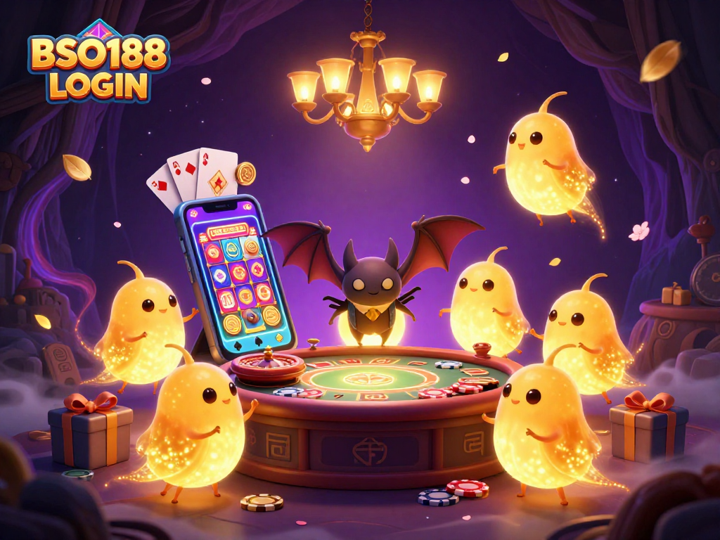 Experience the excitement of BSO188 LOGIN with a lively casino scene featuring glowworms and a bat dealer.