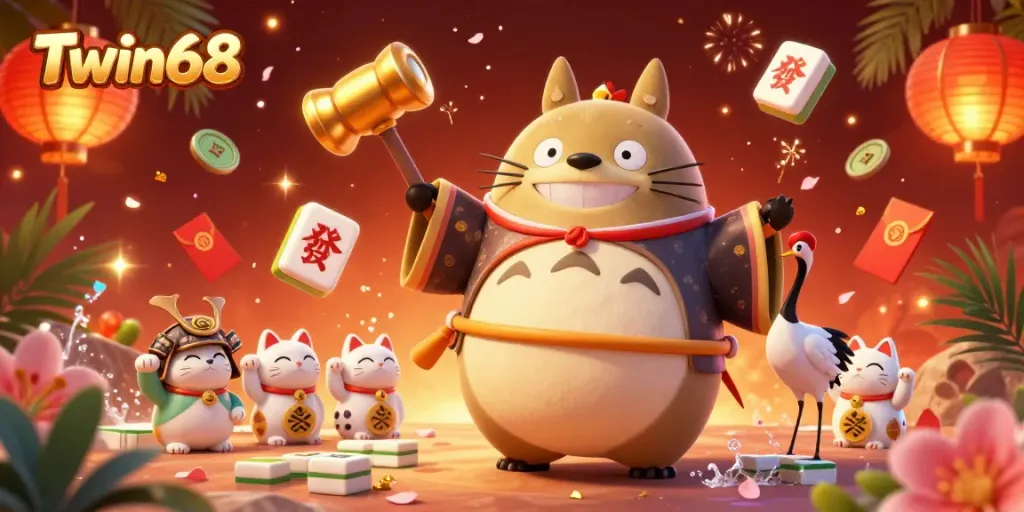 Twin68 shows a cheerful tanuki with lucky symbols in a vibrant online casino scene.