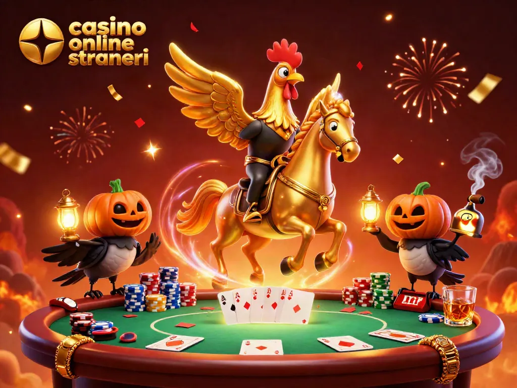Immagine vivace di un casinò online stranieri con un gallo dorato e compagni misteriosi.