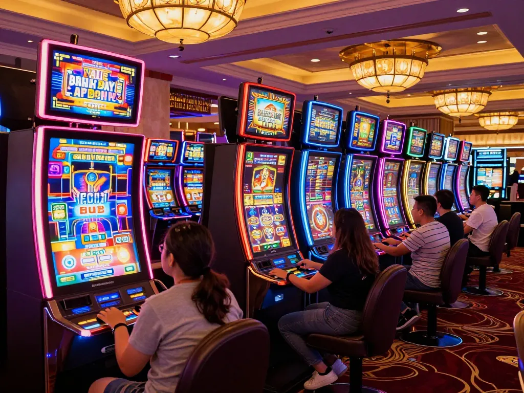 Players enjoying various slot games at rik vip casino, showcasing vibrant colors and excitement.
