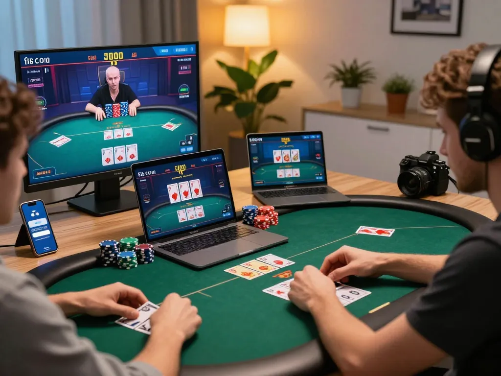 Duitgini player engaged in intense online poker game at home with detailed screens displaying gameplay.