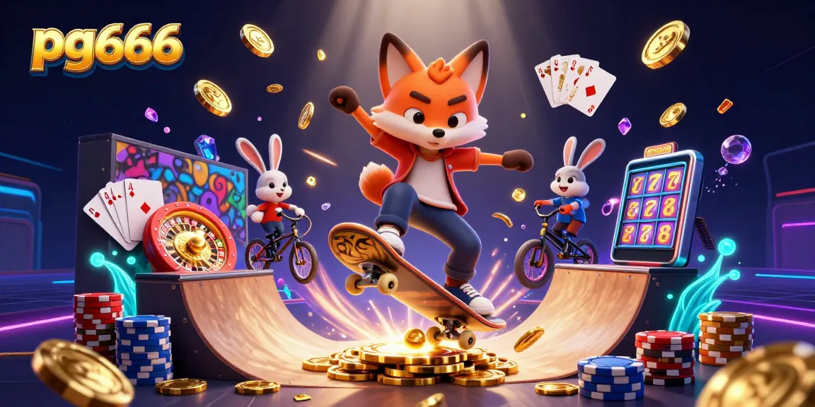 Play exciting games at pg666 with a vibrant illustration of a skateboarder fox and BMX rabbit surrounded by casino elements.