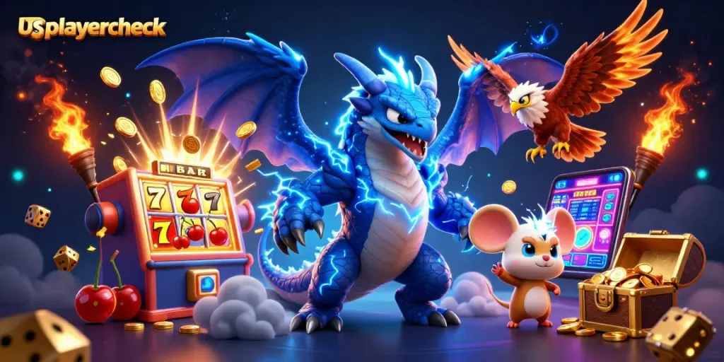 usplayercheck showcases winning strategies in a vibrant, detailed casino scene with a thunder dragon and slot machines.