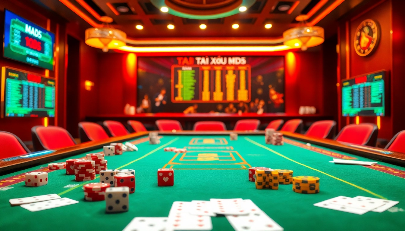 Playing Tài Xỉu MD5 at a professional casino table showcasing dice and betting slips in an exciting gaming atmosphere.