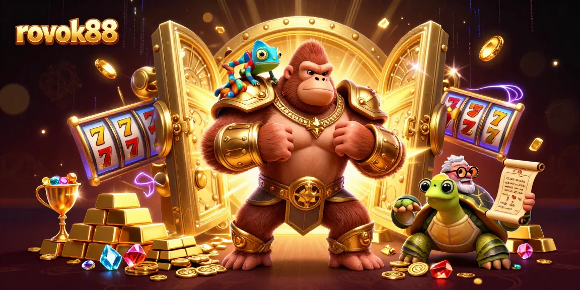 Engage with rokok88 as the gorilla king showcases his strength amidst a vibrant casino backdrop.