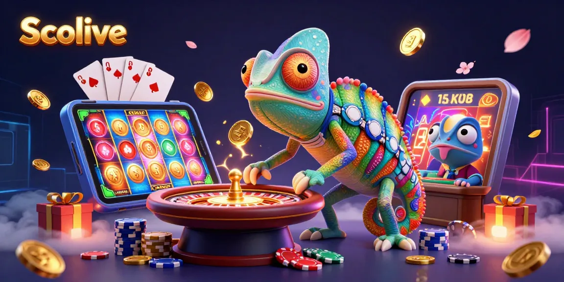 Socolive showcases a vibrant 3D gaming scene with a dynamic cartoon chameleon engaging in exciting casino activities.