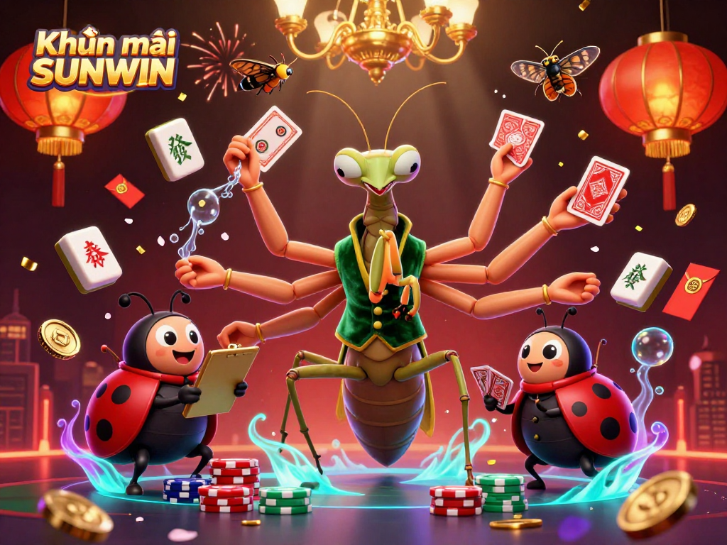 Khuyến mãi SUNWIN showcases a lively casino scene with a mantis dealer and ladybug pit boss.