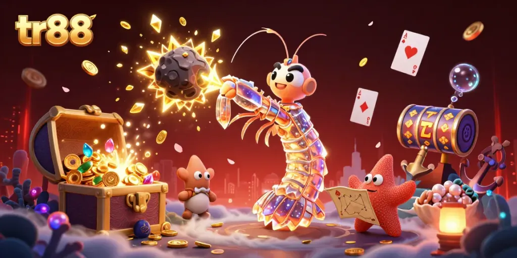 Experience thrilling gameplay and excitement with tr88 as colorful gems and coins fly around in an exhilarating casino scene.