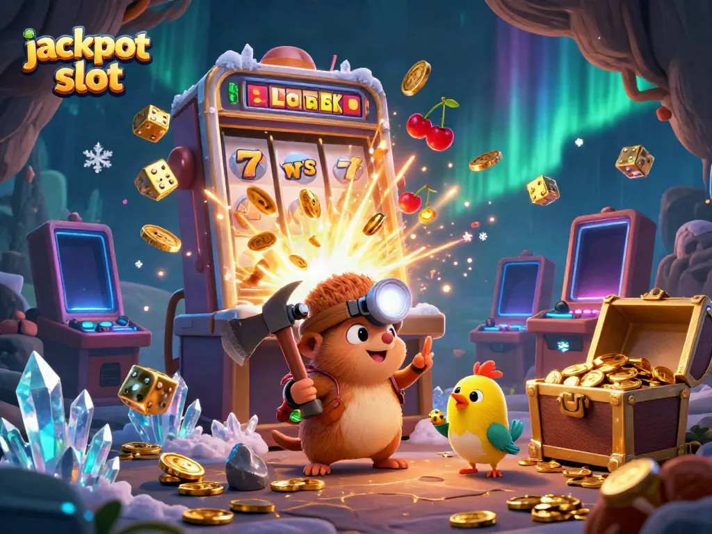 Experience the thrill of a jackpot slot with vibrant characters mining treasures amidst exciting casino elements.