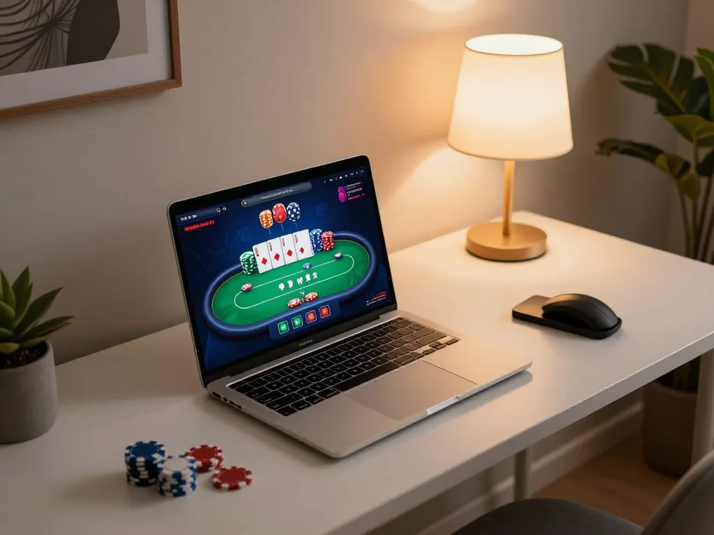 Player engaging in online poker on a laptop with the SC88 interface, showcasing vibrant virtual gameplay.