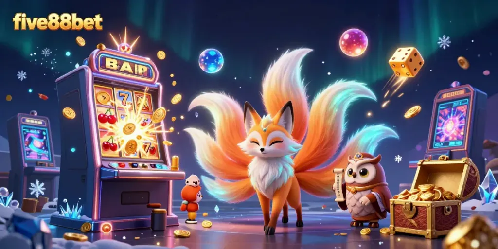 Experience the vibrant world of five88bet with a magical scene featuring a nine-tailed fox and slot machine bursting with wins.