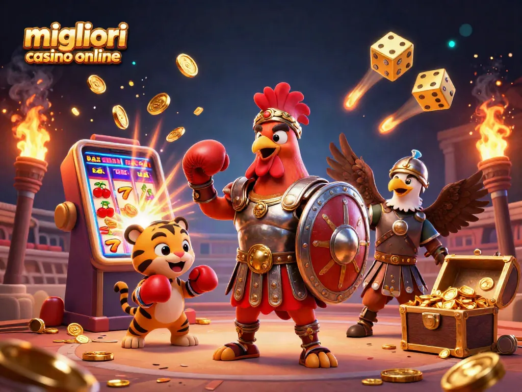 I migliori casino online offrono un'illustrazione 3D con un gallo gladiatore e una slot machine esplosiva.