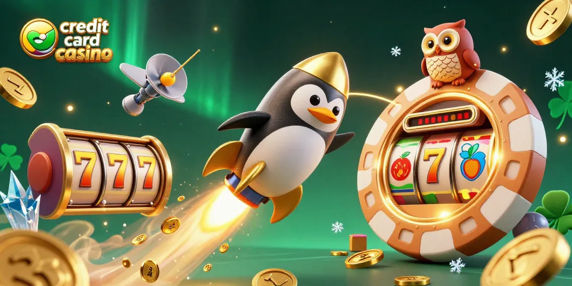 Experience the thrill at a credit card casino with a golden penguin and slot elements flying in a dazzling illustration.