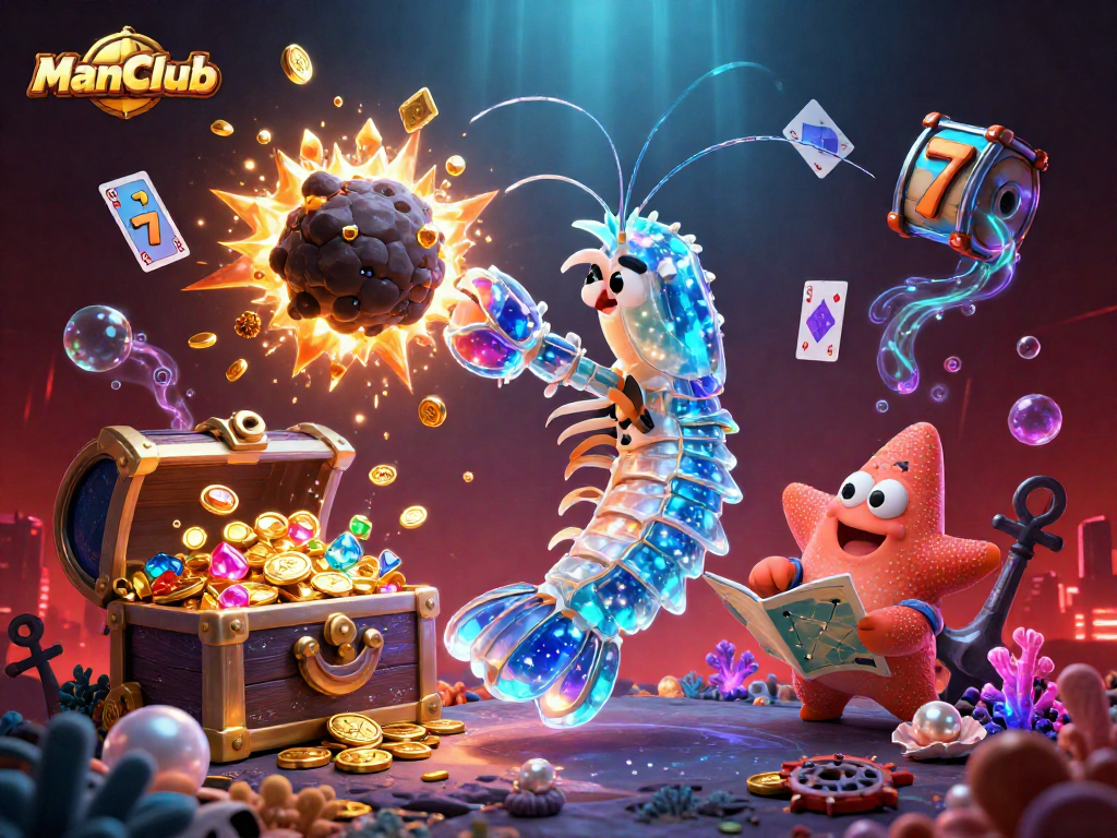 ManClub showcases an explosive 3D casino scene with vibrant characters and colorful gambling elements.