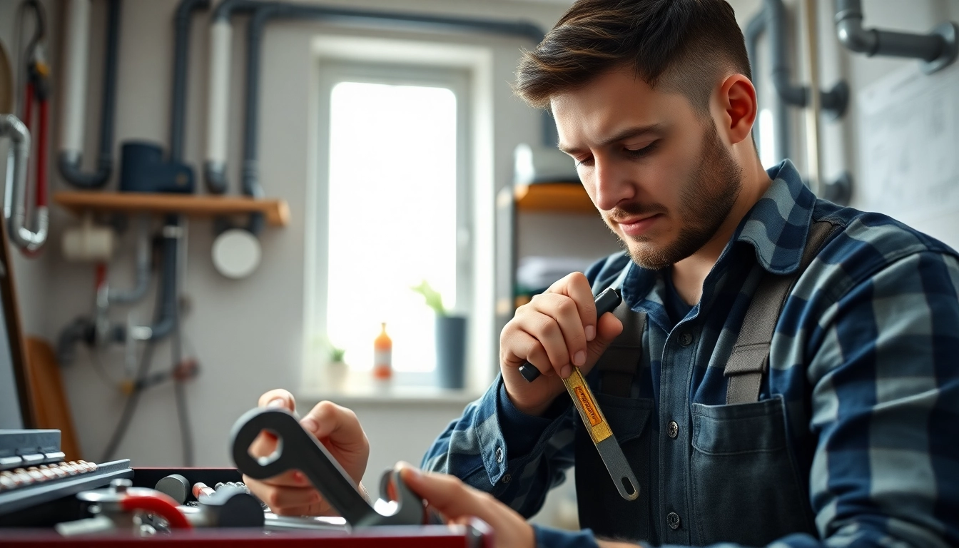 Plumber near me fixing pipes in a bright, well-equipped home setting.