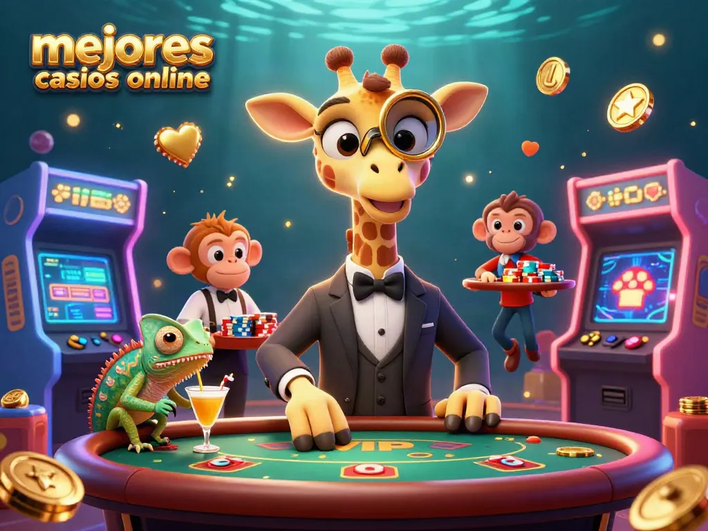 Disfruta de los mejores casinos online con un jirafa y un mono valet en una escena vibrante.