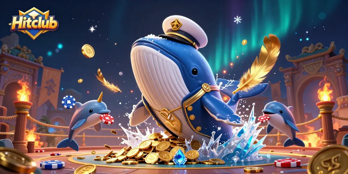Join Hitclub for high-stakes gaming as a cartoon whale breaching through coins captivates a narwhal and playful dolphins.