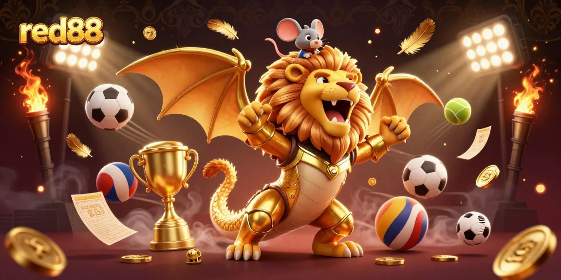 Experience excitement with red88 as a golden chimera creature celebrates in a dynamic casino scene.