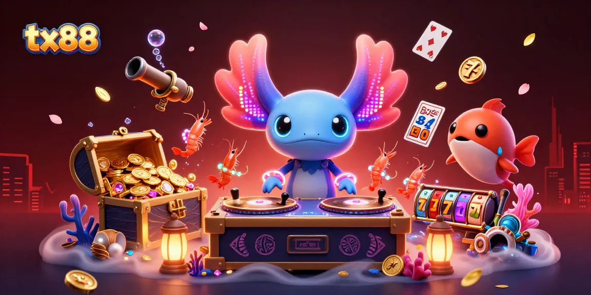 Catch the vibrant atmosphere at tx88 as a neon axolotl DJ spins amidst glowing treasures and lively sea creatures.