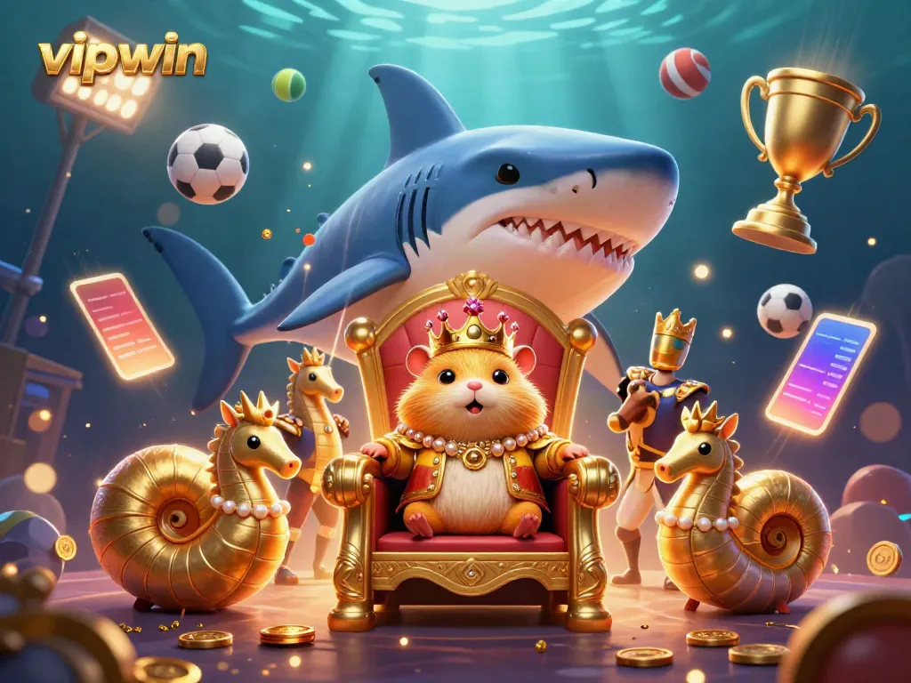 Experience the thrill of vipwin with a fierce golden hamster king and dynamic sports elements in a 3D underwater scene.