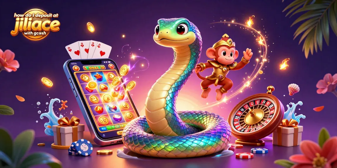 Learn how to deposit at JILIACE with GCash using this vibrant casino illustration featuring 3D characters and gaming elements.