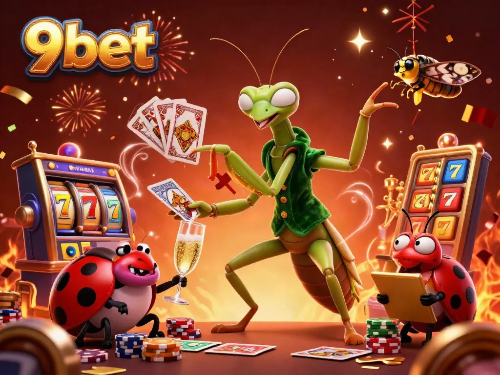Engaging with vibrant casino action at 9bet in a festive atmosphere with charming characters and slot games.