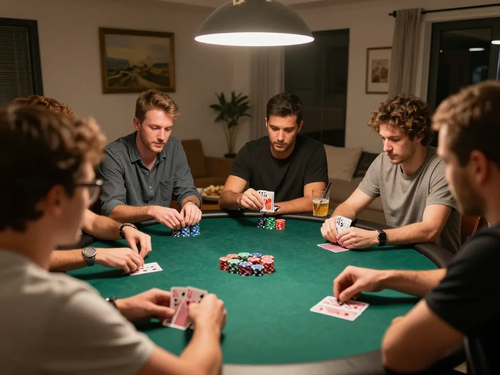 Players engaged in an intense poker game during a home gathering, showcasing C168 strategies in action with focus and excitement.