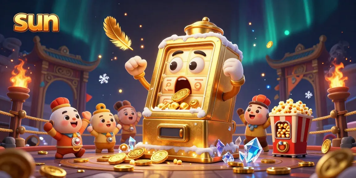 Sun-themed gaming scene with a golden slot machine celebrating a jackpot amidst cheering baby slots and popcorn.